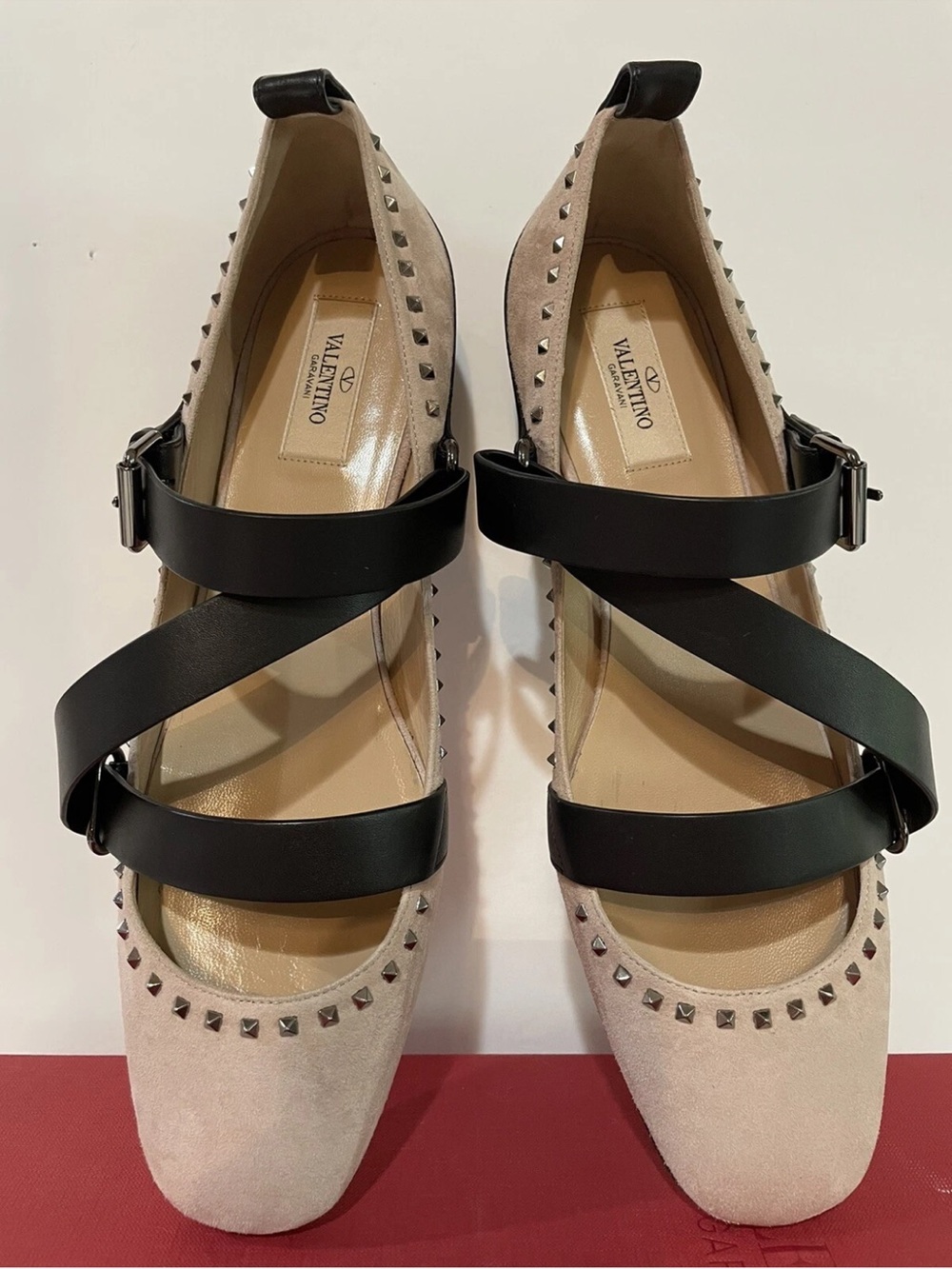 Valentino Beige Suede Rockstud Flats with Black Leather Straps
